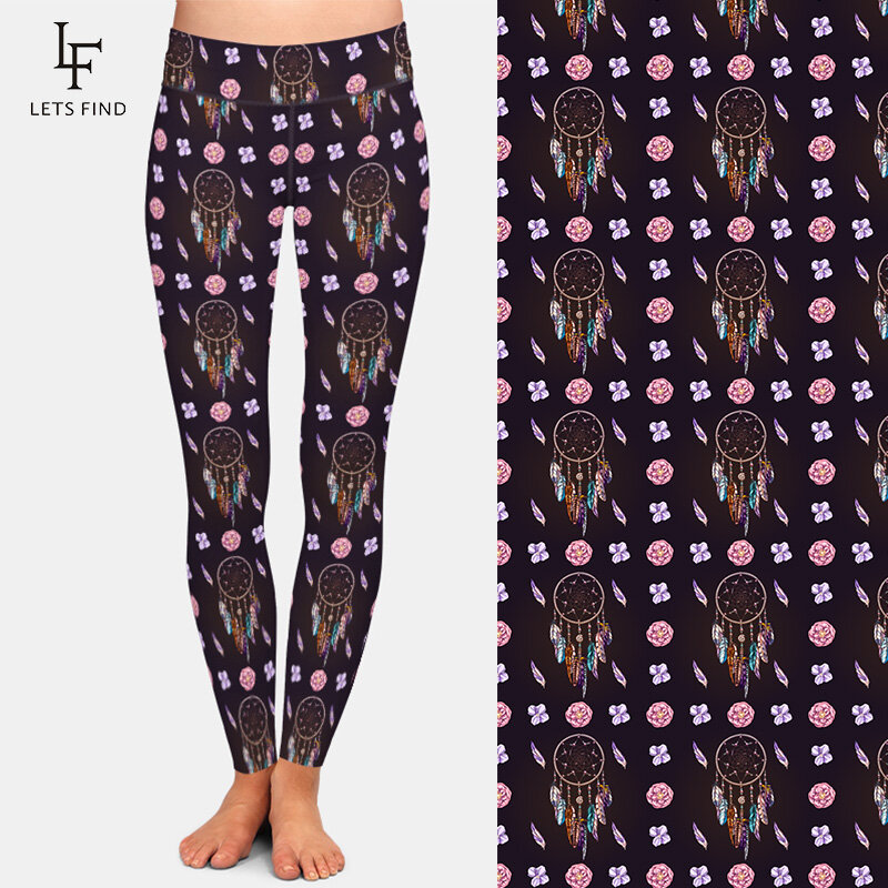 LETSFIND legginsy z wysokim stanem Dreamcatcher i kwiaty Design Print moda damska legginsy Fitness
