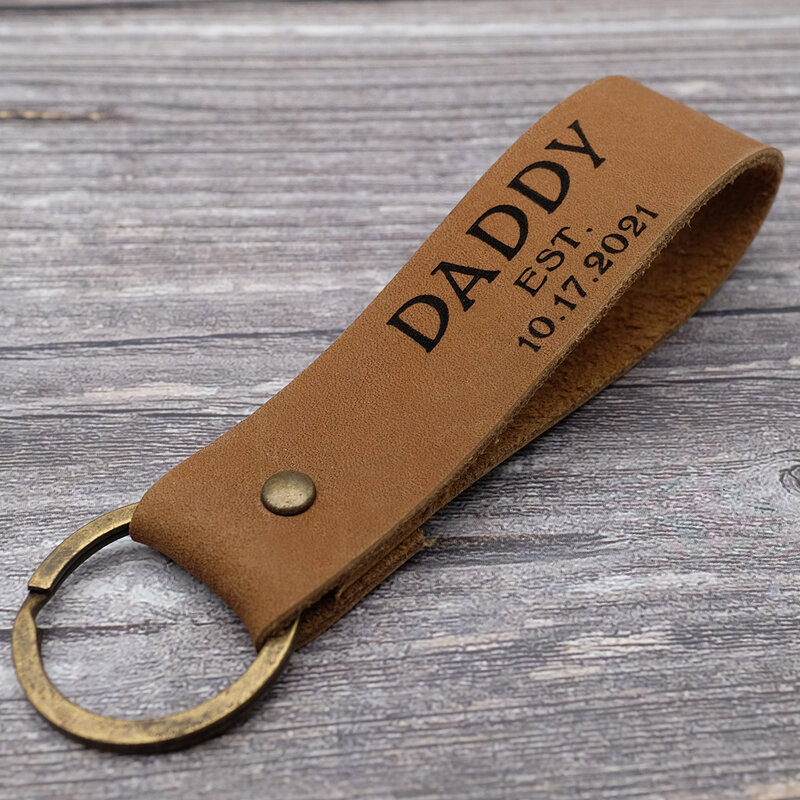 Porte-clés en cuir gravé personnalisé, cadeau de fête des pères