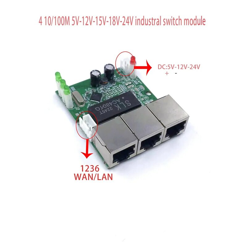 Mini PCBA 4Ports Networkmini ethernet switch module 10/100Mbps  5V 12V 15V 18V 24V