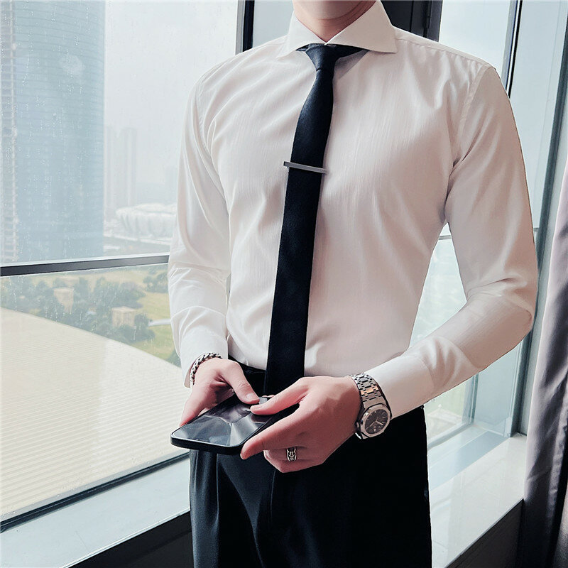 Nowa elastyczna, odporna na zmarszczki tkanina męska koszula męska sukienka slim fit wygodna koszula biznesowa koszula szara