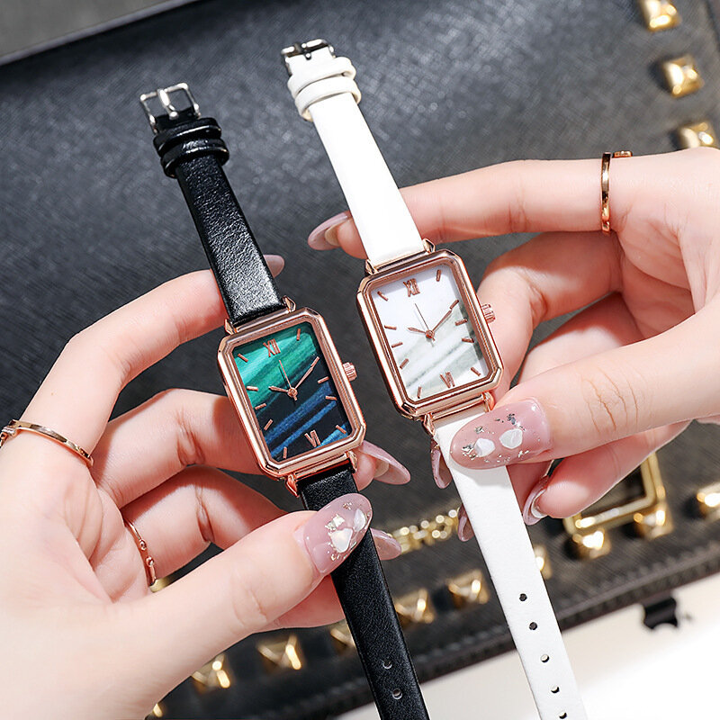 우아한 캐주얼 표시 쿼츠 전자 손목시계, 여성용 가죽 스트랩 벨트 팔찌 시계, 빈티지 사각형 시계