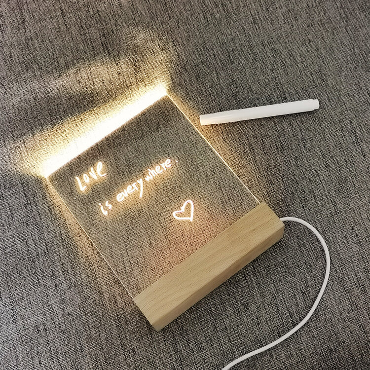 Acrílico Light-Emitting Message Board, Noite lâmpada LED, apagável, transparente, Memo Board