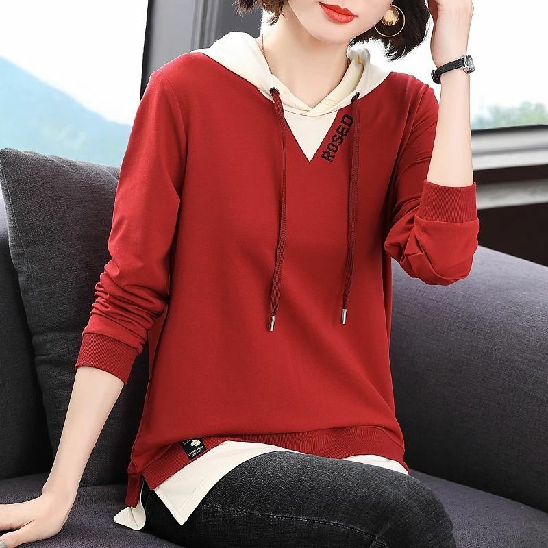 Female Fashion Casual Solid Color Spliced Hooded T-shirt Autumn New Commute Simplicity Fake Two Pieces Tops Women's Clothing