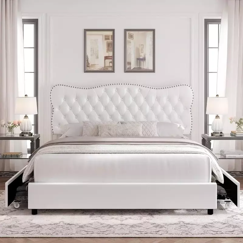 Marco de cama con 4 cajones de almacenamiento, plataforma tapizada, cabecero cosido con botón