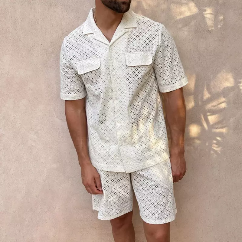 Mens Sexy Hollow Casual Short-Sleeve Shirt Shorts Suit 2024 New Genderless Retro Simple Vacation Breathable Two-Piece Set Unisex