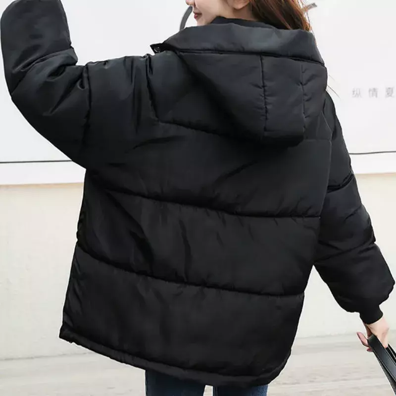 Jaqueta solta com capuz feminino, casaco acolchoado feminino, grande, curto, estilo coreano, monocromático, moda, novo, inverno, 2022