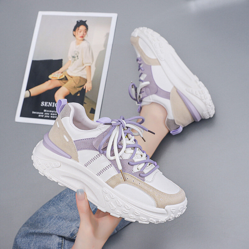 韓国-女性のための多用途の革スニーカー,厚い靴底の靴,学生のカジュアルシューズ,新しい秋,2023