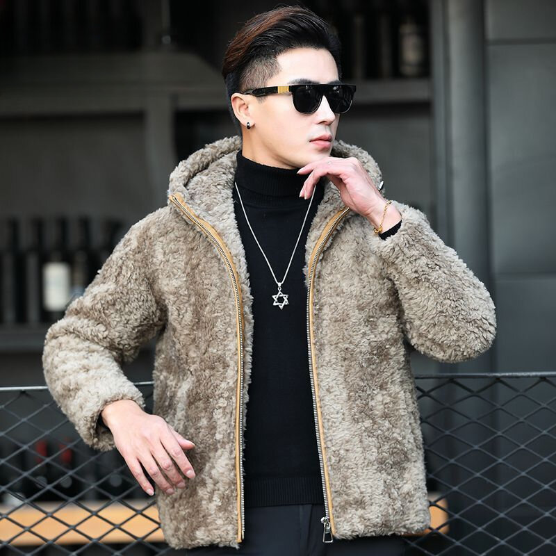 Men 2023 Autumn Winter New Long Sleeve Warm Hooded Coats Male Genuine Lamb Fur Jackets Men Slim Fit Pockets Outerwear I515