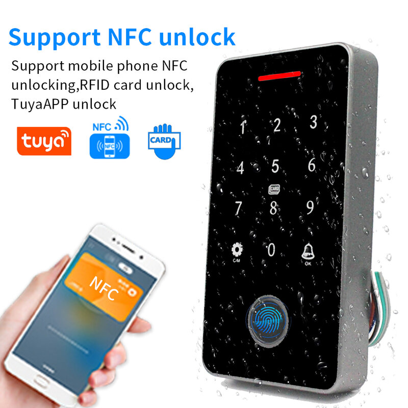 NFC Bluetooth Tuya lampu belakang aplikasi sentuh 13.56Mhz kartu RFID kontrol akses Keypad kunci pintu pembuka WG Output IP66 tahan air