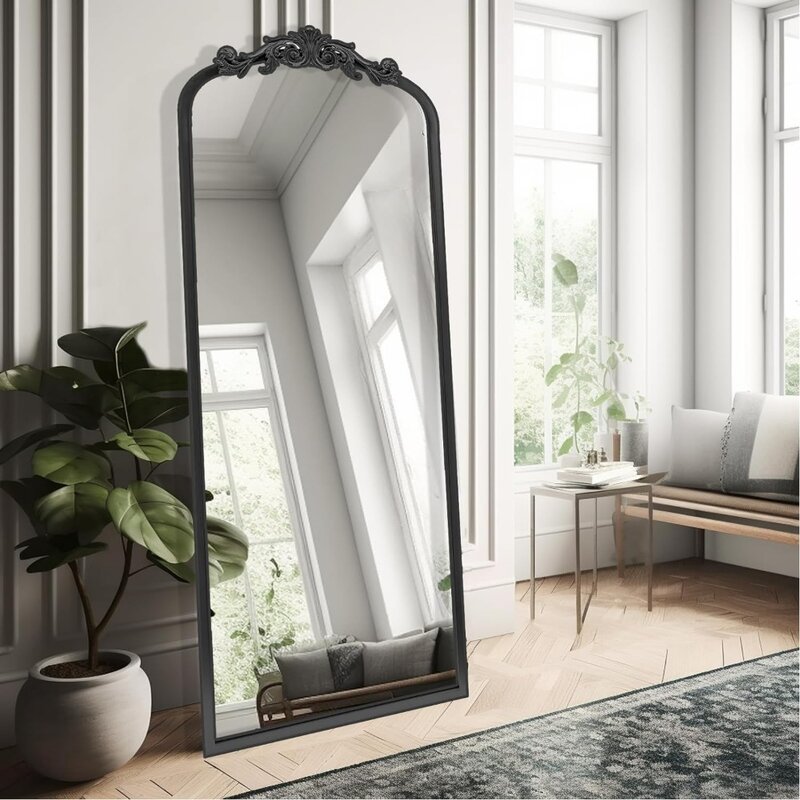 Espejo de cuerpo completo inspirado en el Barroco, decoración del hogar para tocador, dormitorio, entrada, negro, arqueado, de longitud completa, grande, de pie