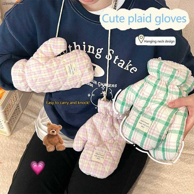 1Pair Winter Plaid Plush Thermal Gloves Thickened Halter Warm Mittens Gloves Windproof Coldproof Cycling Gloves