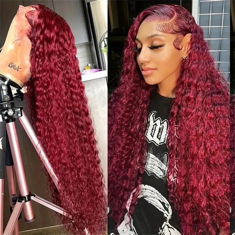 Wig rambut manusia gelombang dalam longgar 34 inci 99j Wig Frontal gelombang air merah anggur untuk pilihan wanita 13x6 13x4 Hd Lace Wig