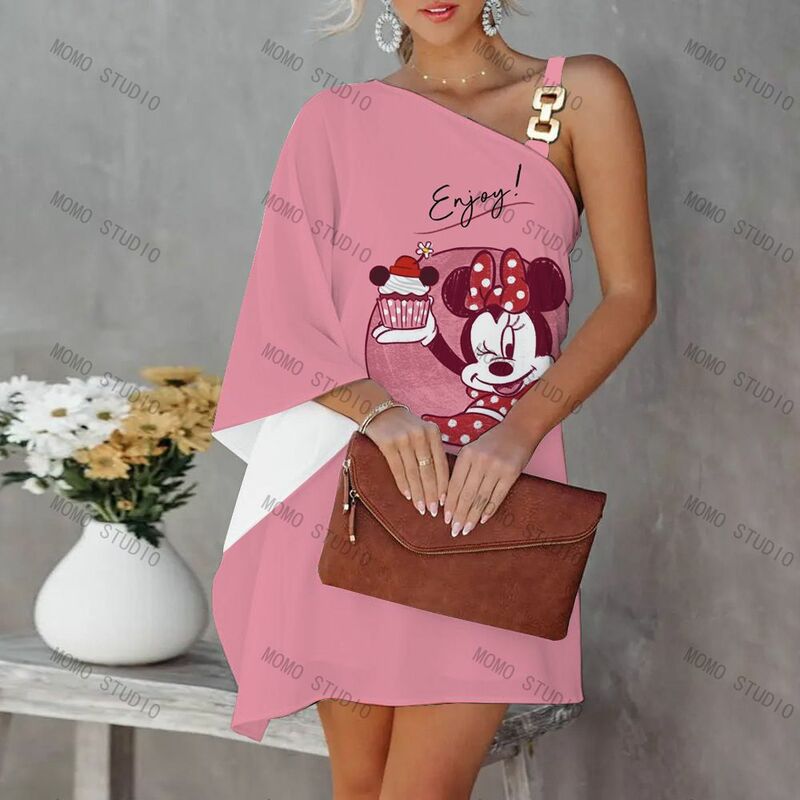 Vestido de lujo de manga acampanada para mujer, Vestidos de Noche de moda con cuello Diagonal, Mickey, Y2k, Minnie Mouse de Disney, 2022