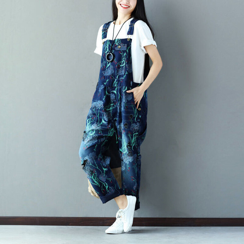 Macacão de tamanho grande estampado, moda coreana, jeans lavado, macacão de cinta, verão, novo, 2024