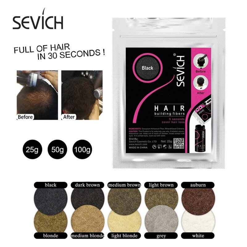 Sevich-Keratin Hair Fibers Building Fiber Powder, Crescimento instantâneo do cabelo, Refill Hair Care Product, 10 Color, 30S, 50g, 100g