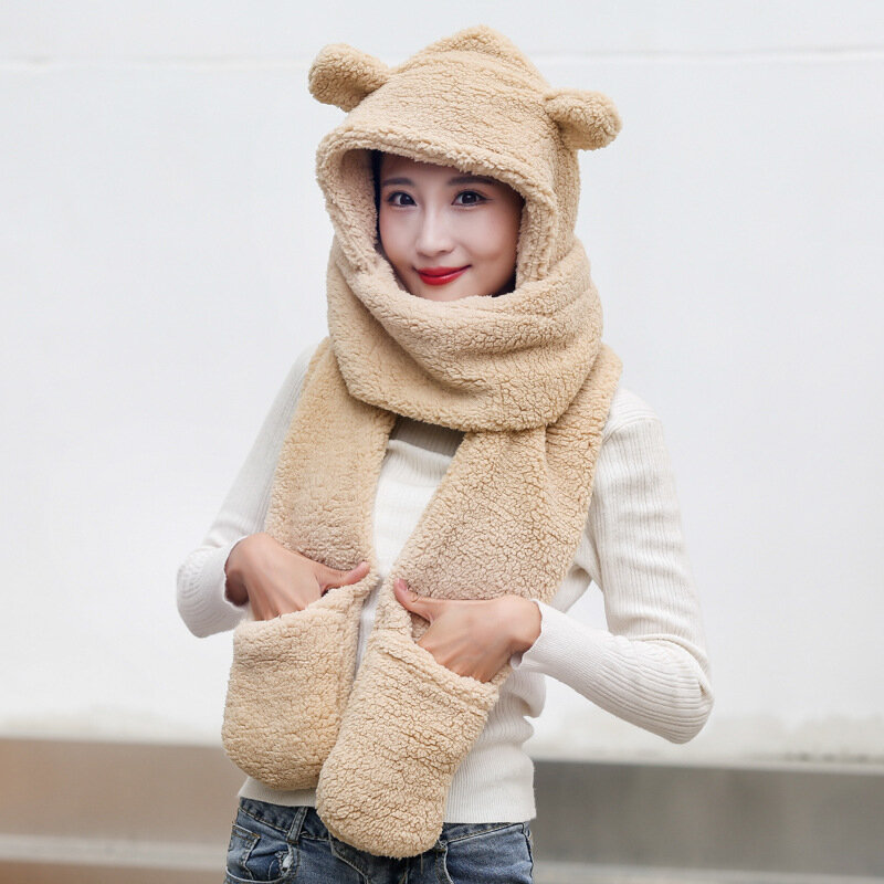 Winter Bear Ear Protection Hat Scarf Gloves All-in-one Female Autumn And Winter Cute Hooded Plush Warm Korean Tide