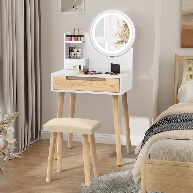 조절 가능한 조명 거울 및 보관 선반, 작은 화장대 테이블, 침실용 서랍이 있는 흰색, 24 인치 메이크업 드레서