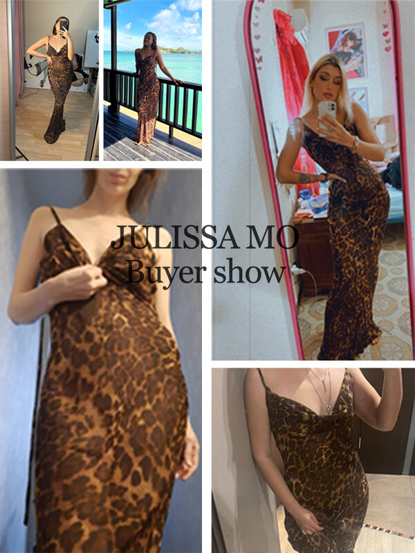 Julissa Mo-Vestido largo con estampado de leopardo para mujer, traje Sexy con escote en V, espalda descubierta y cordones, para fiesta y playa