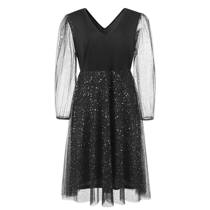 Damska elegancka sukienka na przyjęcie urodzinowe Midi 2024 czarna granatowa tiulowa patchworkowa z dekoltem w szpic elegancka seksowna damska szczupła duża suknie balowe