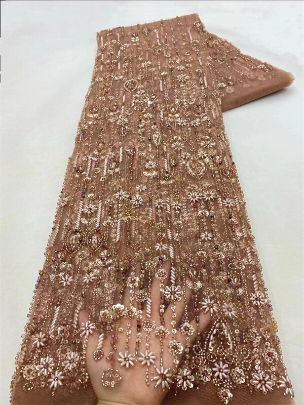 Kain renda manik-manik berat buatan tangan baru manik-manik 3D bunga applique kain Tulle Prancis renda untuk gaun malam pernikahan