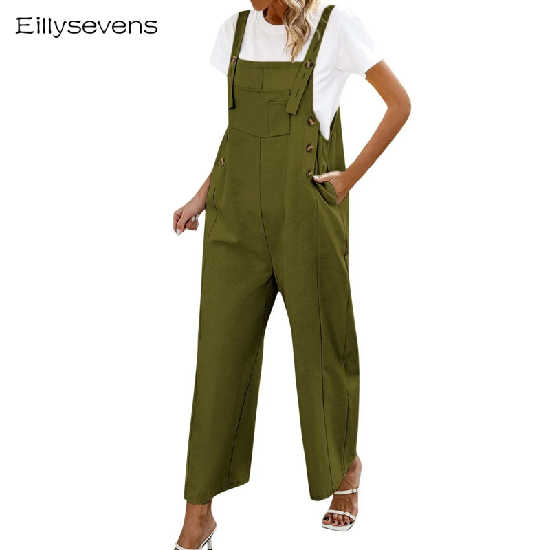 Vintage Cotton Linen Jumpsuit Women‘s Solid Sleeveless Button Pockets Wide Leg Suspender Pants Summer Oversized Loose Rompers