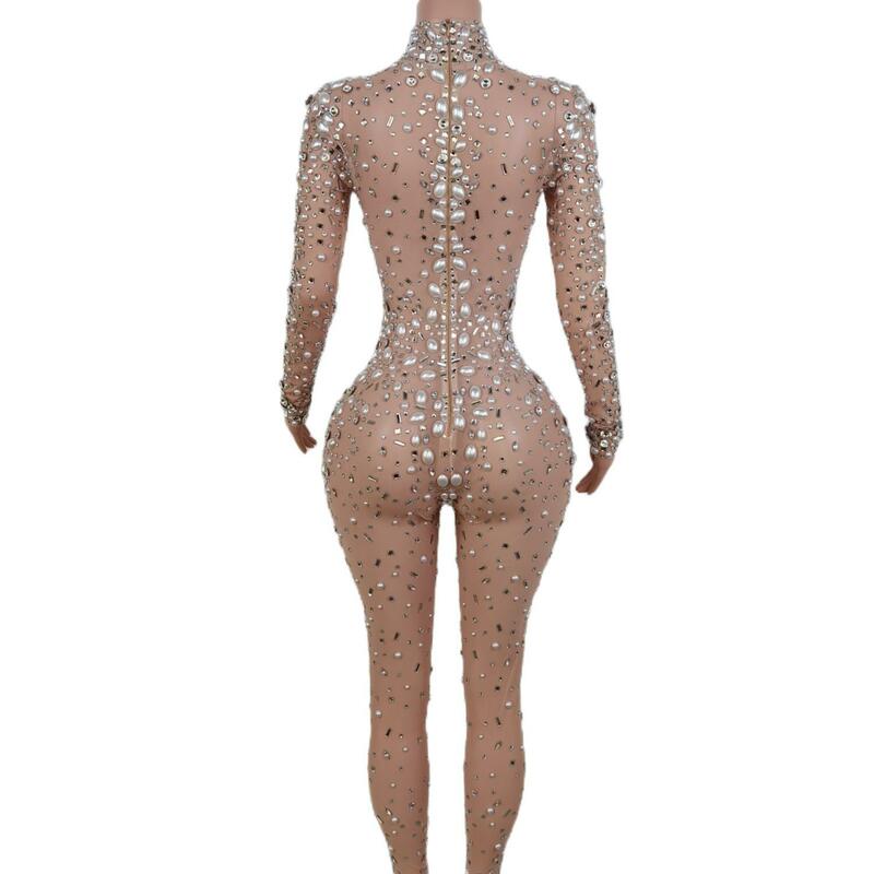 Compleanno serale festeggia i pagliaccetti Sexy Prom Party Singer Costume Show Wear Big Pearl Bling Silver Stones Mesh Jumpsuit