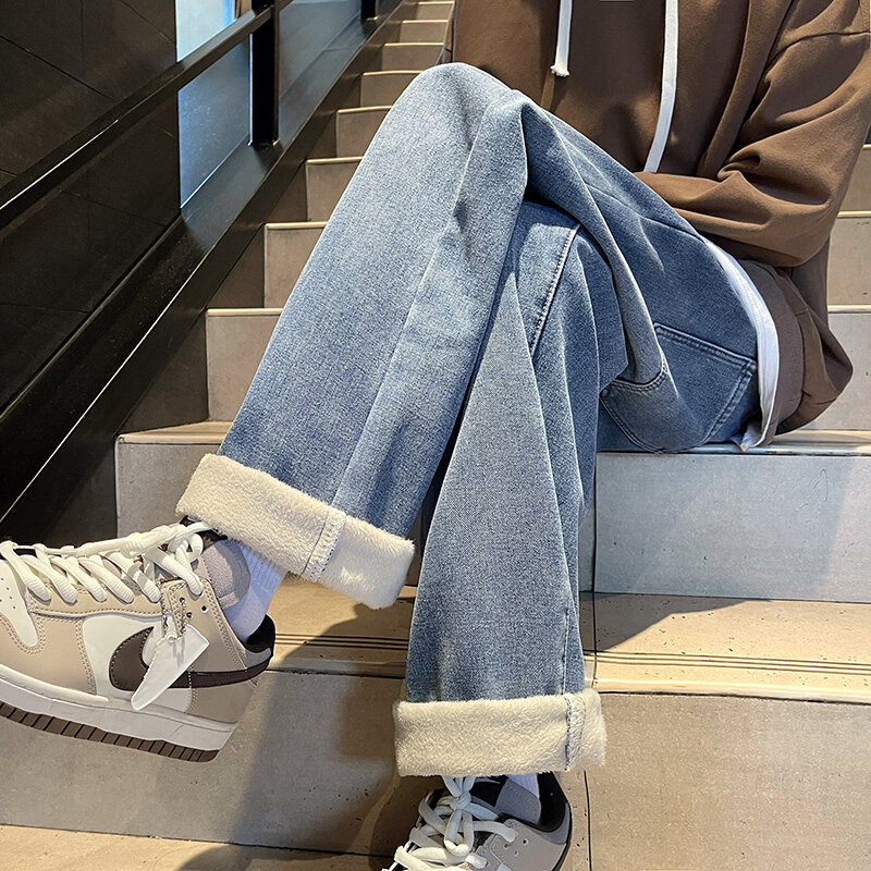 Jeans de veludo popular coreano para a juventude, elegante, grande e fino, solto e reto, calças casuais de lã
