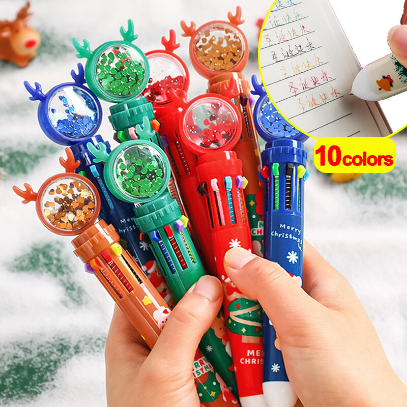 Caneta esferográfica dos desenhos animados do Natal, rena, lantejoulas, livro-razão, caneta doodle, presente temático, bonito, 10 cores