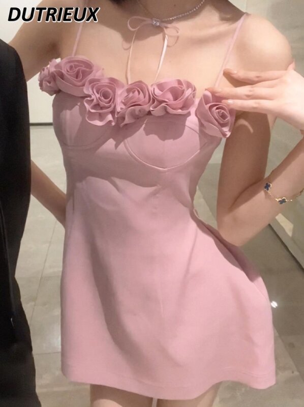 Женское платье на бретельках, розовое короткое платье с цветочным принтом во французском стиле