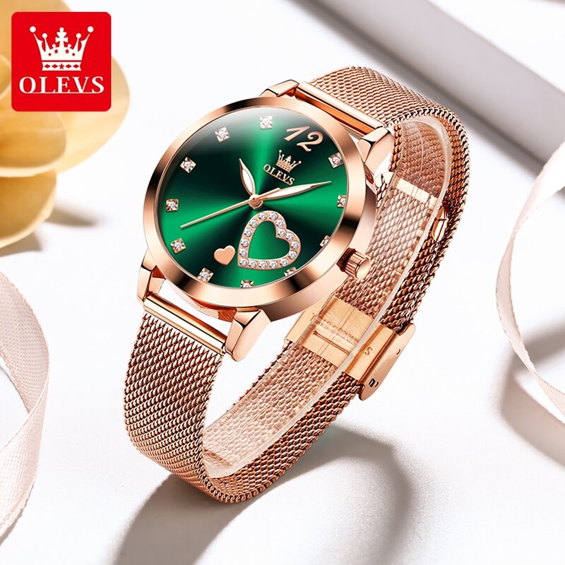 OLEVS นาฬิกาควอทซ์หน้าปัดสีเขียวแฟชั่นสแตนเลสนาฬิกาผู้หญิงกันน้ำแบรนด์หรูนาฬิกาข้อมือผู้หญิง montre Femme