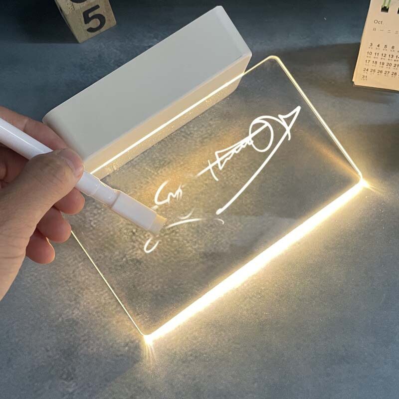 1 buah USB lampu kuning hangat + lembar cahaya + pena Ins transparan Notepad akrilik pemancar cahaya pesan dapat dihapus papan tulis kecil