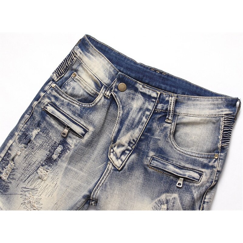 Jeans de moto vintage plissés pour hommes, poches zippées, coutures rayées, mode ChimStreet, déFlex, DistMurcia, Fjj