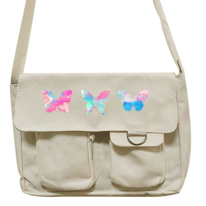 Canvas Messenger Bag Women's Casual Satchel Girls Handbag Shoulder Large Capacity Tote Bag Butterfly  Pattern Shopping Bags