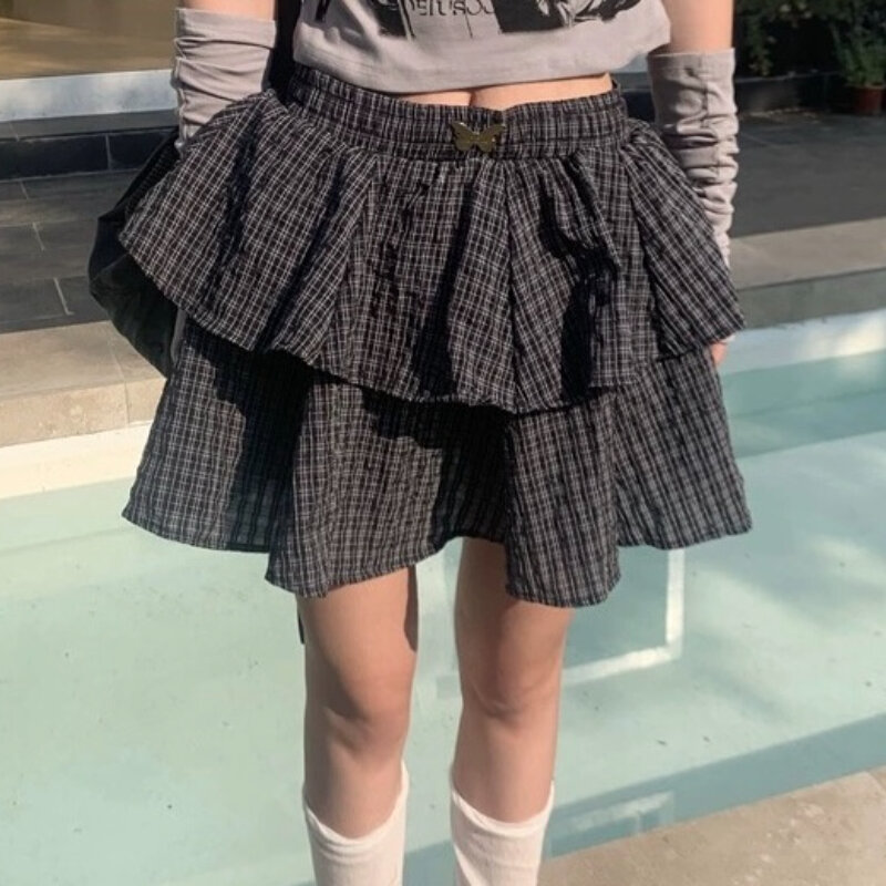 Deptown falbany spódnica Mini w szkocką kratkę kobiet Kawaii styl Preppy krótkie spódniczki warstwowa słodka słodka koreańska moda na co dzień spódnica uliczna