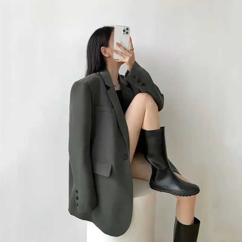 Chaqueta larga de color negro para mujer, abrigo holgado sobre liso, color gris, nueva colección, 2023