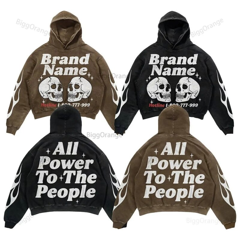 2024 New Double Skull Printed Sweater with Back Letters Made of Pure Cotton Street Hoodie Sports Loose Top for Men and Women y2k