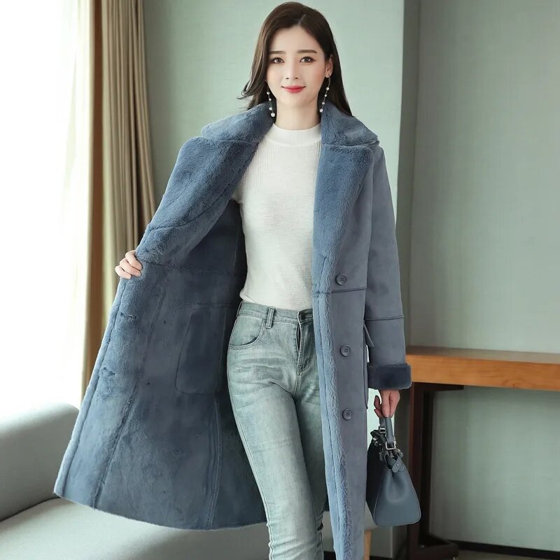 Зимняя твидовая куртка из овечьей шерсти, теплое плотное пальто средней длины, женская верхняя одежда, новинка 2023, женское меховое пальто, модное пальто