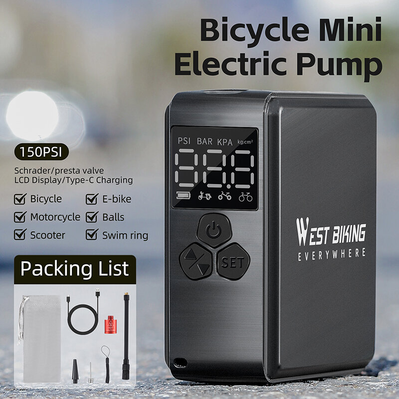 WEST BIKING-minibomba de aire eléctrica portátil para bicicleta, inflador de neumáticos de 150PSI, con pantalla LCD