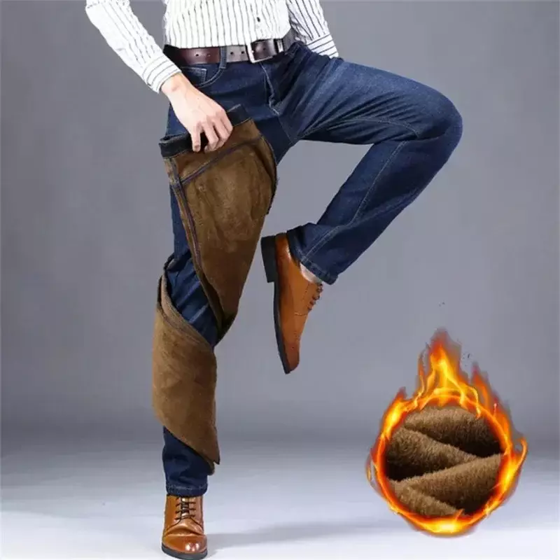 Men's Fleece Warm Jeans Autumn Winter Fashion Business Long Pants Retro Classic Denim Trousers Casual Stretch Slim Jeans Durable