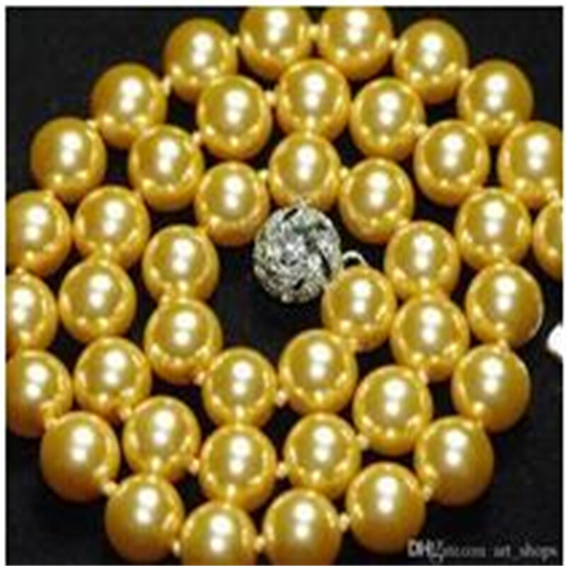 10mm South Golden Sea Shell Pearl Round Beads Necklace 18" AAA
