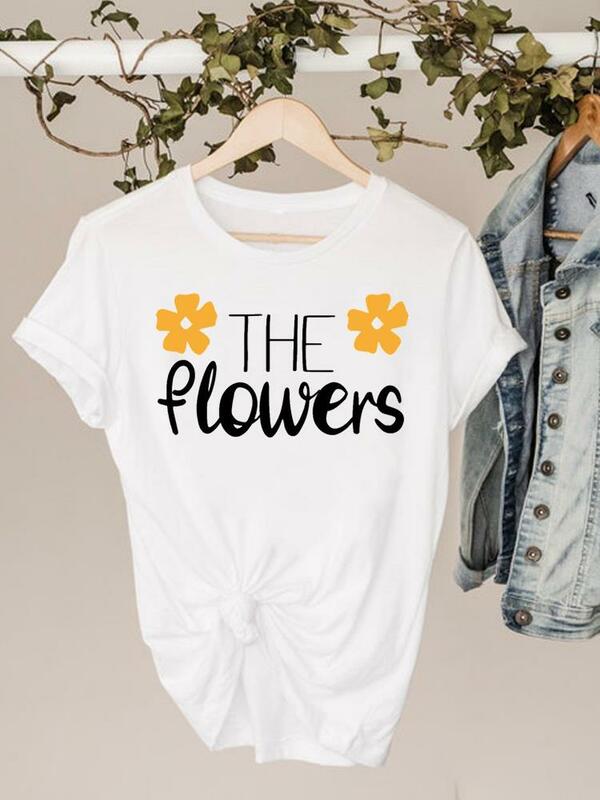 Flower Letter 90s Cute Women Clothing Tee Clothes Fashion Short Sleeve Print T Shirt Summer Top Basic Graphic T-shirts