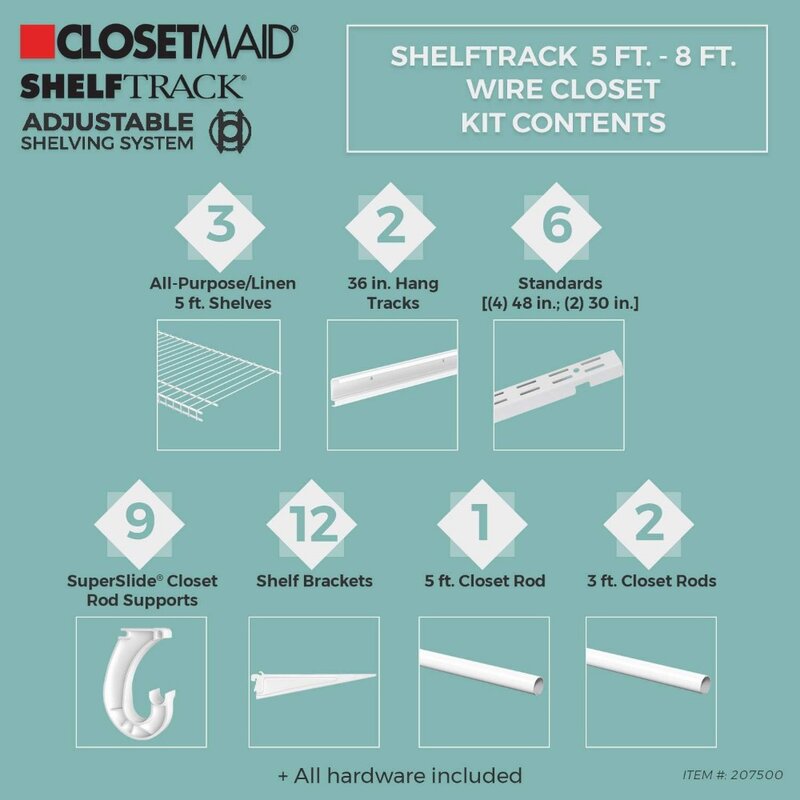 ClosetMaid-Shelf Track Wire Closet Organizer System, ajustável de 5 a 8 pés, com prateleiras, varas de roupas, branco, 5 pés a 8 pés