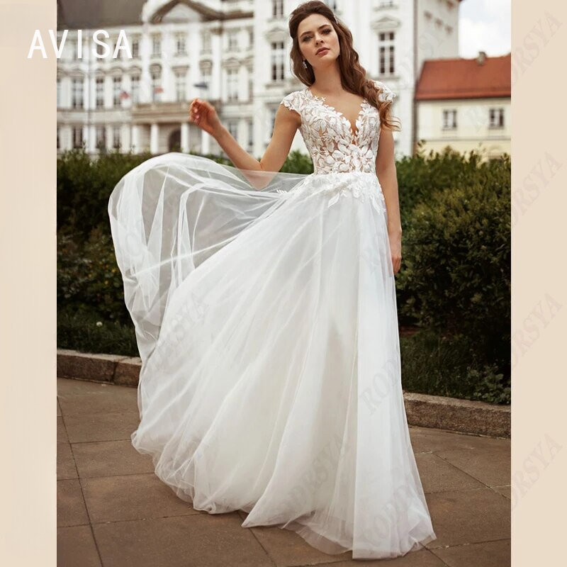 Eleganckie suknia ślubna z aplikacjami proste kwiaty bez rękawów zamiatać panna młoda impreza tiul plażowy 2024 szata De Mariée Vestido De Novia