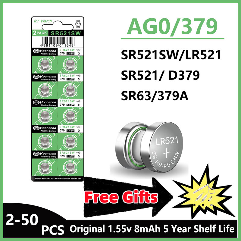 Bateria alcalina botão celular para calculadoras Relógios Toy, LR521, AG0, SR521SW, 379A, 379, 179, D379, SR63, 1.5V, 5-50pcs