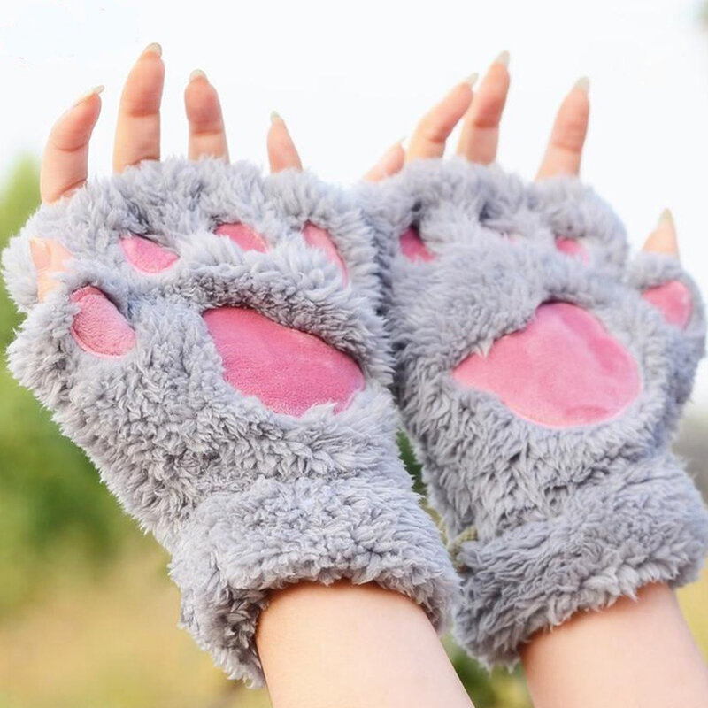 고양이 발 장갑 겨울 귀여운 만화 고양이 소녀 오픈 손가락 장갑 두꺼운 푹신한 곰 발 반 손가락 장갑, 고양이 발 장갑