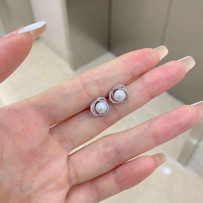 Pendientes de plata pura S925 para mujer, aretes con forma de flor de perla de agua dulce y diseño de piedra de circón, InstagramStyleEarrings únicos