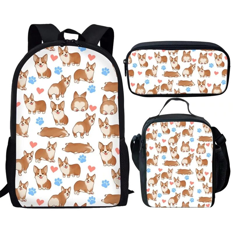 Cartoon Corgi Dog Printed 3Pcs School Bag Set Teenager Girls Boys Casual Backpack Student Book Bag with Lunch Bag Pencil Bag