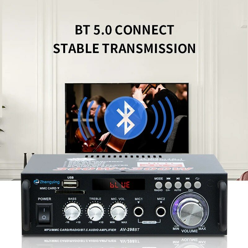 AV-298BT Digitale Eindversterker Hifi Bluetooth Audio Versterker Maximaal 300wx2 Draadloze Bluetooth 5.0 Stereo Audio Versterker