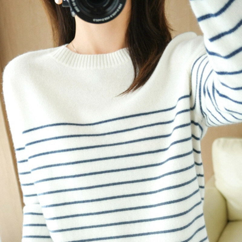 100% cotone maglione lavorato a maglia maglione da donna a righe colore abbinato girocollo di grandi dimensioni temperamento sciolto manica lunga fondo