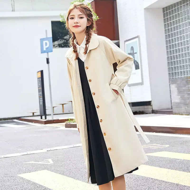 Mode Korea Musim Gugur dan Musim Dingin Kerah Sabuk Mantel Jaket Wanita 2022 Baru Menengah Panjang Tunggal Breasted Sabuk Ramping Jaket